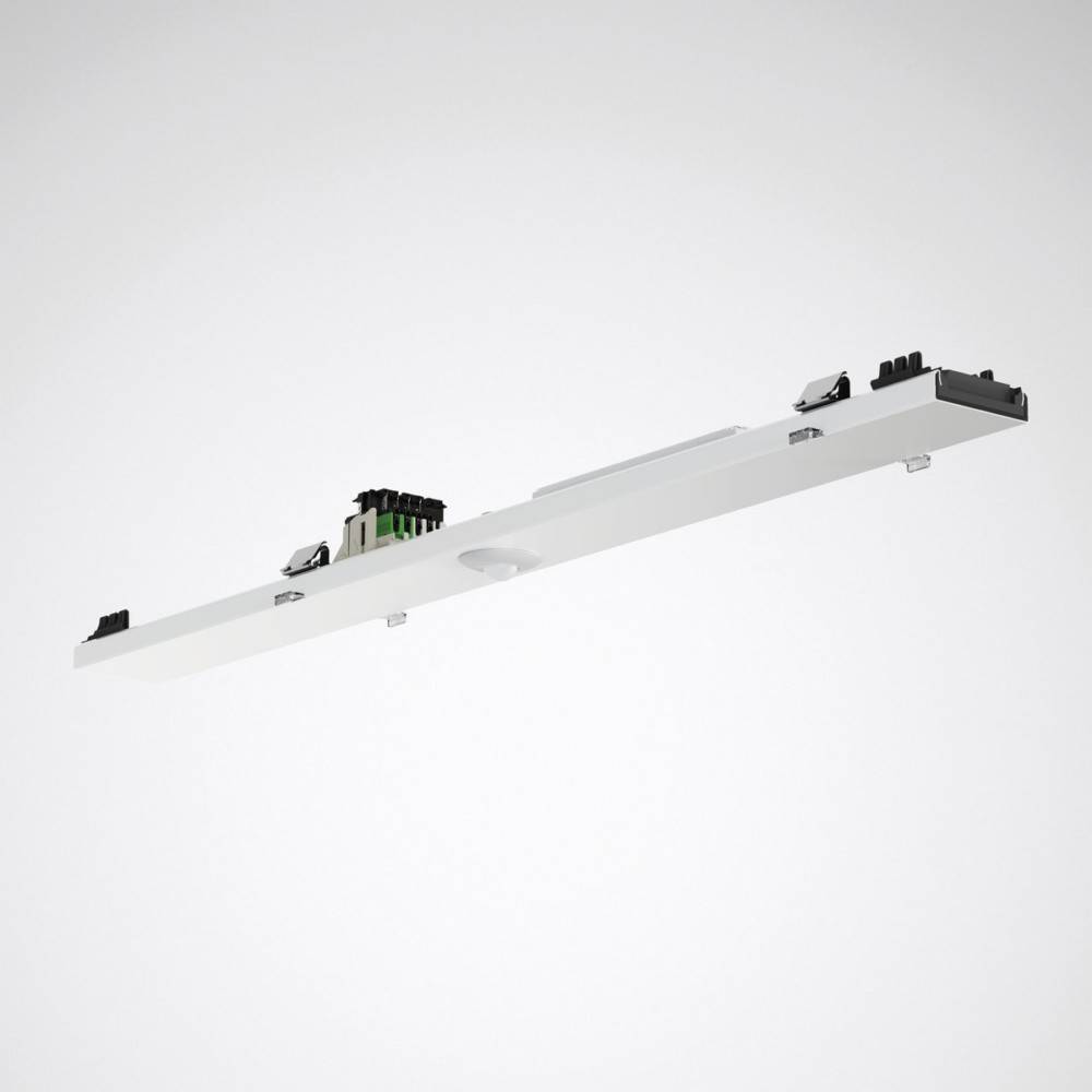 Eine moderne LED-Leuchte mit schlankem, rechteckigem Design, geeignet für kommerzielle oder Büroräume, die vor einem einfarbigen Hintergrund präsentiert wird.