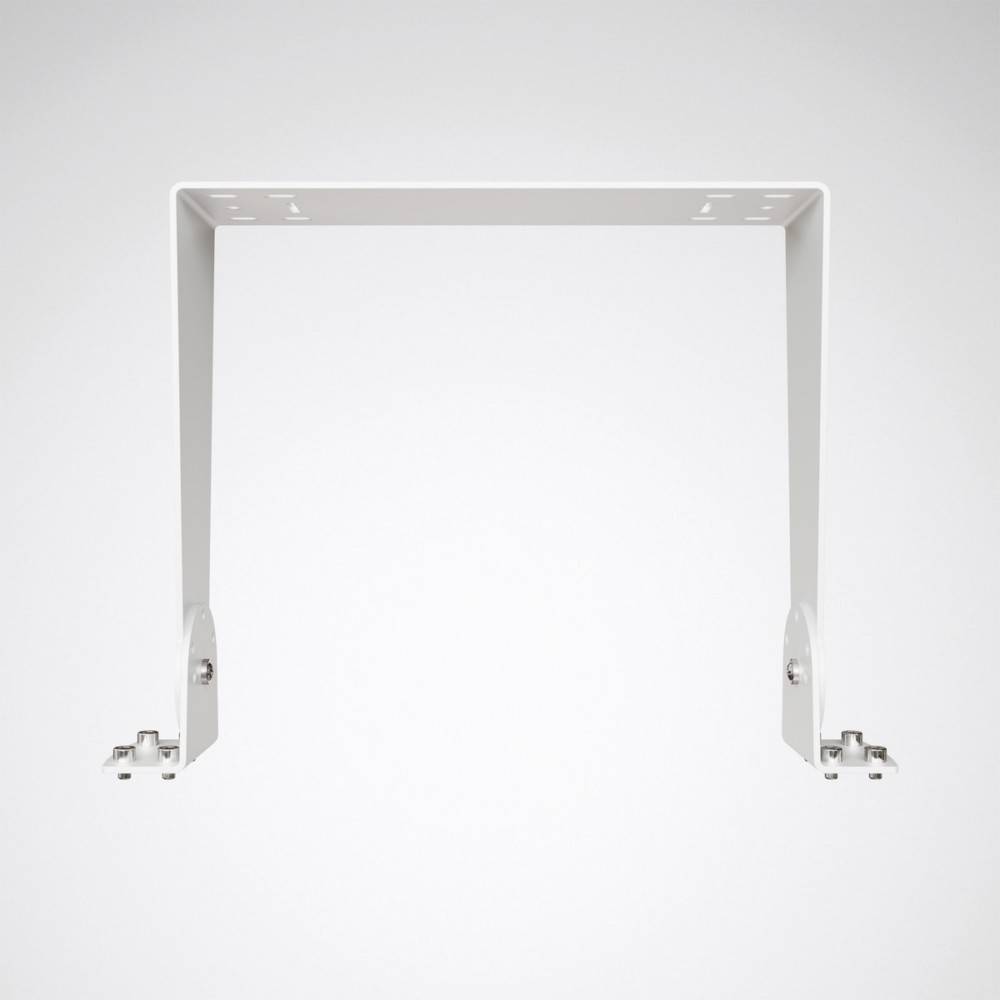 Ein weißer rechteckiger Metallhalter mit abgerundeten Kanten, der für eine Wandmontage konzipiert ist.
