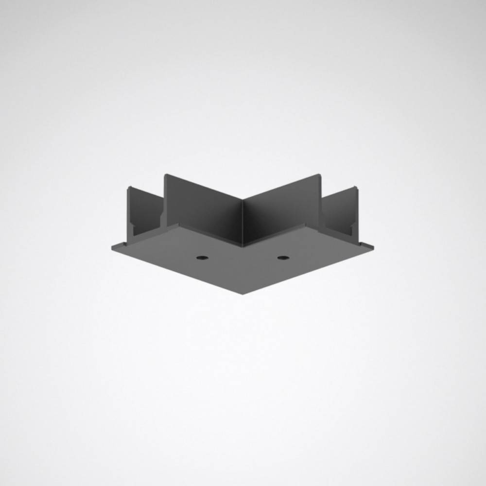 Eine schwarze, eckige Metallhalterung, die zum Befestigen oder Verbinden von zwei Komponenten entwickelt wurde, vor einem einfarbigen grauen Hintergrund.