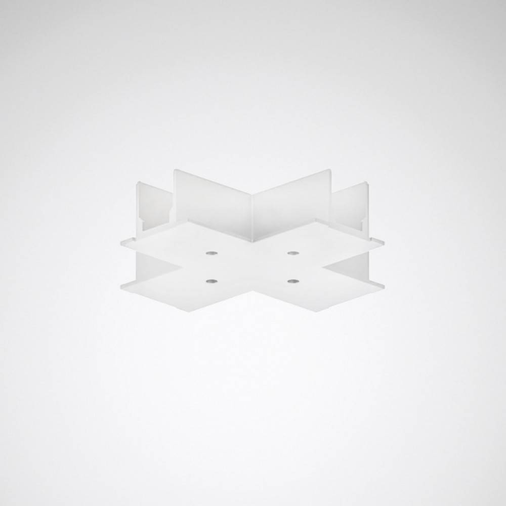 Eine moderne, weiße, X-förmige Deckenleuchte mit klaren Linien, die vor einem hellgrauen Hintergrund gezeigt wird und ein minimalistisches Design aufweist.