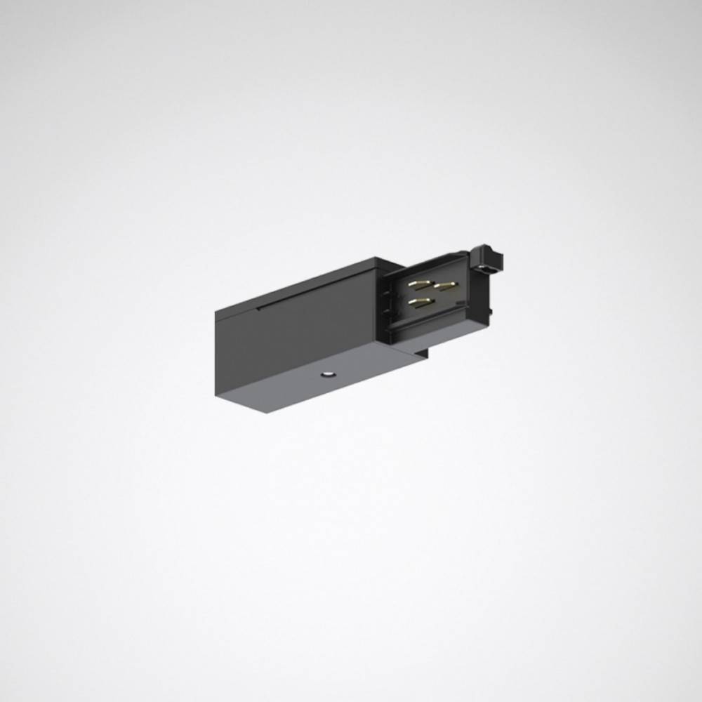 Ein schwarzer Stromschienenstecker mit zwei sichtbaren Kontaktstiften, der zum Anschluss von Leuchten an ein Schienenlichtssystem verwendet wird, vor einem neutralen Hintergrund.