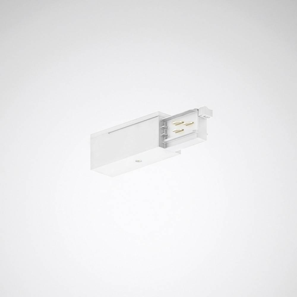 Ein weißer elektrischer Schienenstecker für ein Beleuchtungssystem wird mit freigelegten Metallkontakten gezeigt, der entwickelt wurde, um in einen Schienenlaufkanal einzupasst.
