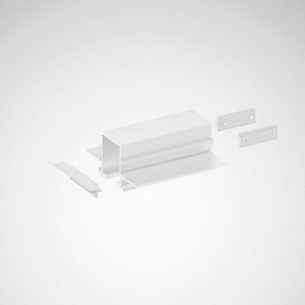 Aluminiumprofil mit zwei Befestigungsklammern und zwei Endkappen auf einem neutralen Hintergrund.