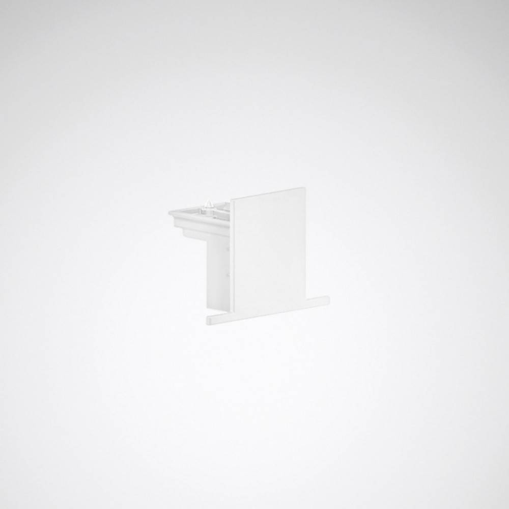 Ein weißer L-förmiger Halter mit Führungsschiene, der für die Möbelmontage verwendet wird, isoliert auf einem hellgrauen Hintergrund.