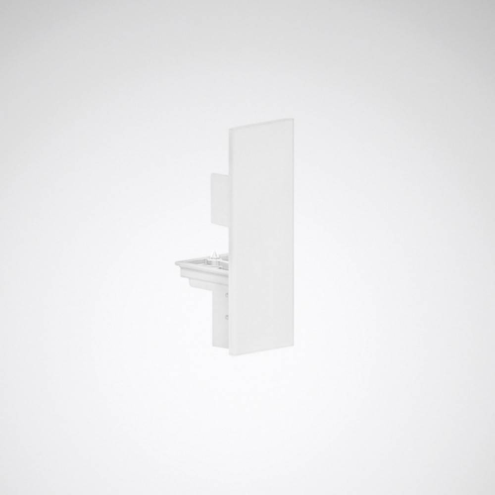 Minimalistisches weißes Leuchtmittel mit elegantem Panel, an einem hellen Grau montiert, was modernes Design andeutet.