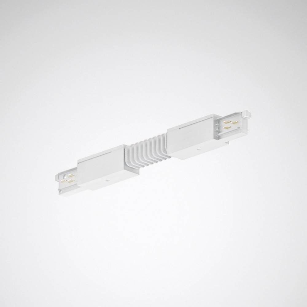 Ein weißer elektrischer Anschluss mit geripptem Zentrum, der sich von zwei identischen Enden erstreckt, auf einem hellgrauen Hintergrund.