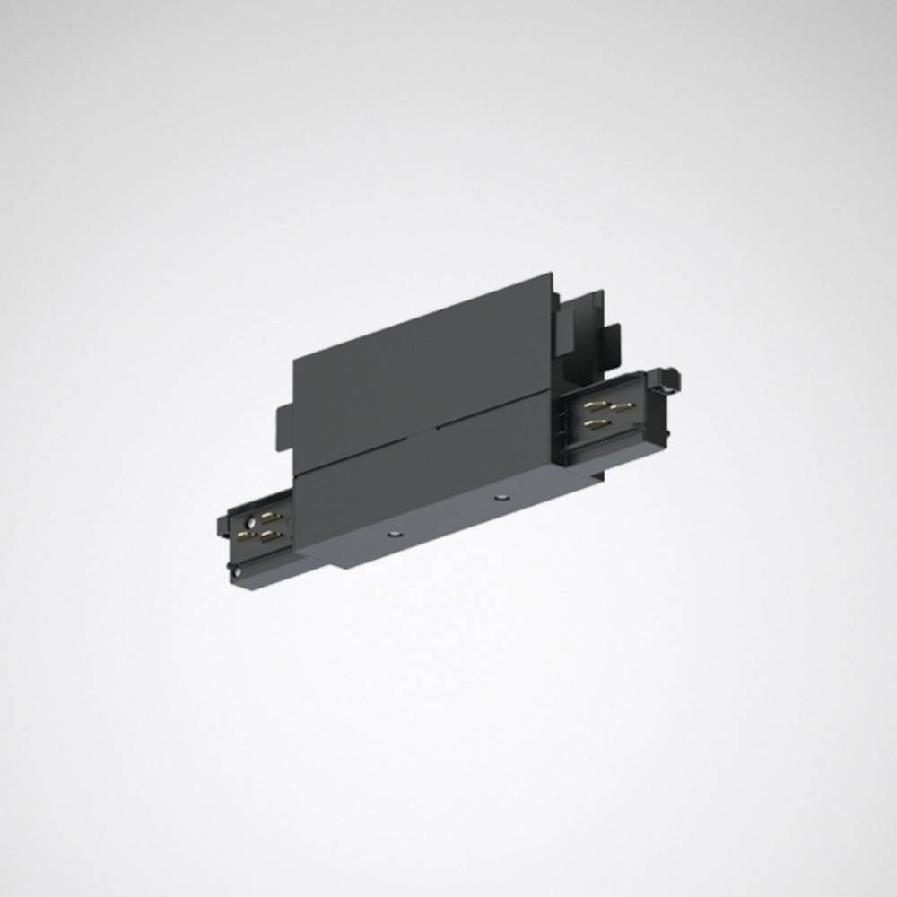 Ein rechteckiger, schwarzer Kunststoffstecker mit Metallstiften, von der Seite gegen einen einfarbigen Hintergrund gesehen.