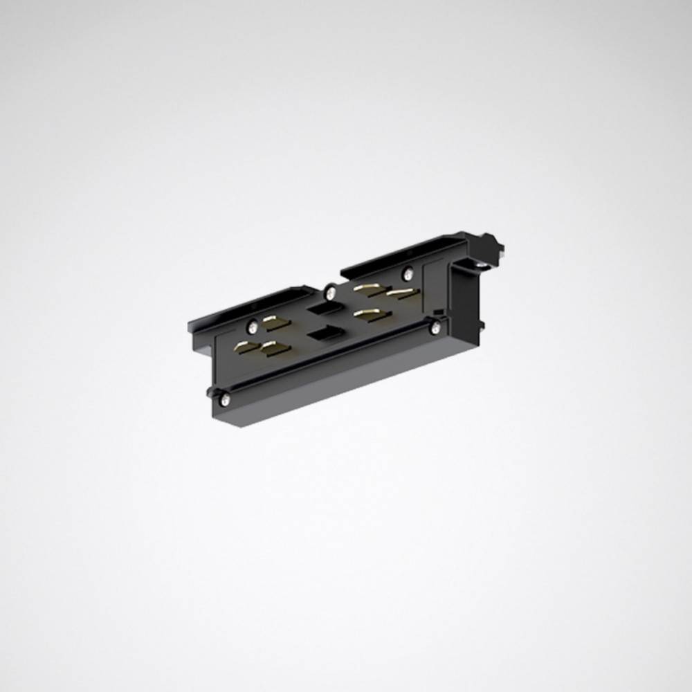 Ein schwarzer Plastik-Elektroverbinder mit Metallkontakten, verwendet für Strom- oder Signalverbindungen, vor einem einfarbigen grauen Hintergrund.