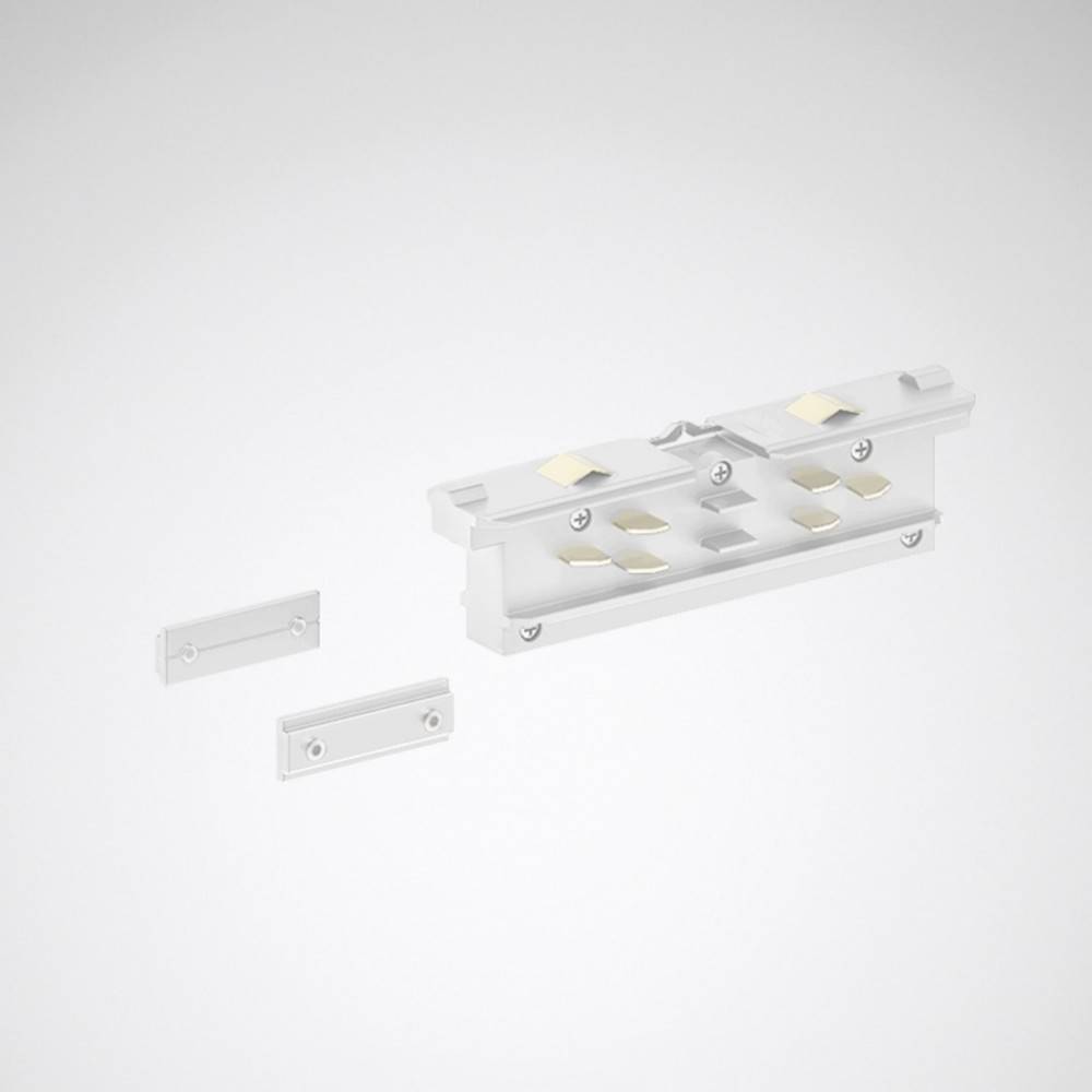 Weißer elektrischer Dreiphasen-Schienenstecker mit drei Befestigungsteilen, konzipiert für Beleuchtungssysteme, auf einem einfarbigen Hintergrund dargestellt.
