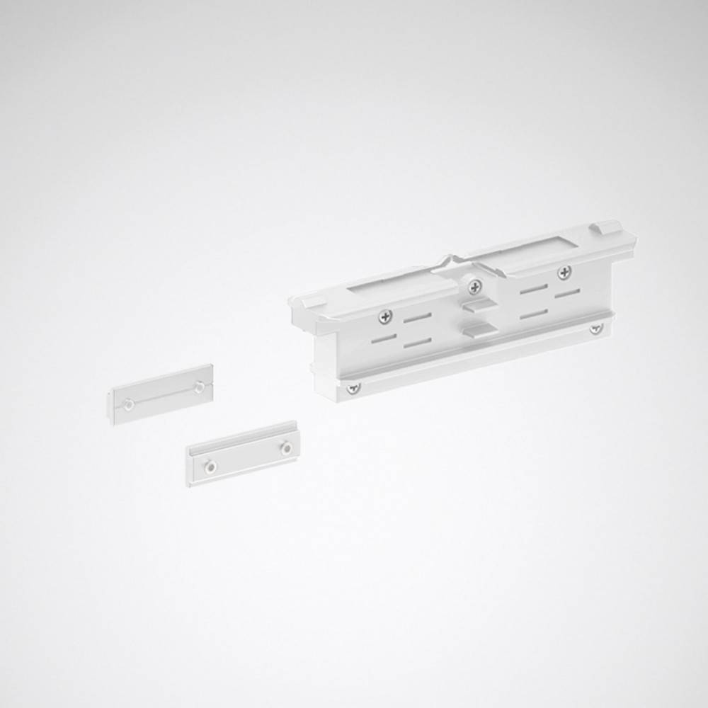 Eine weiße mechanische Klammer und zwei kleinere Montageteile werden vor einem einfarbigen Hintergrund präsentiert, die wahrscheinlich Teil einer Hardwarebaugruppe sind.