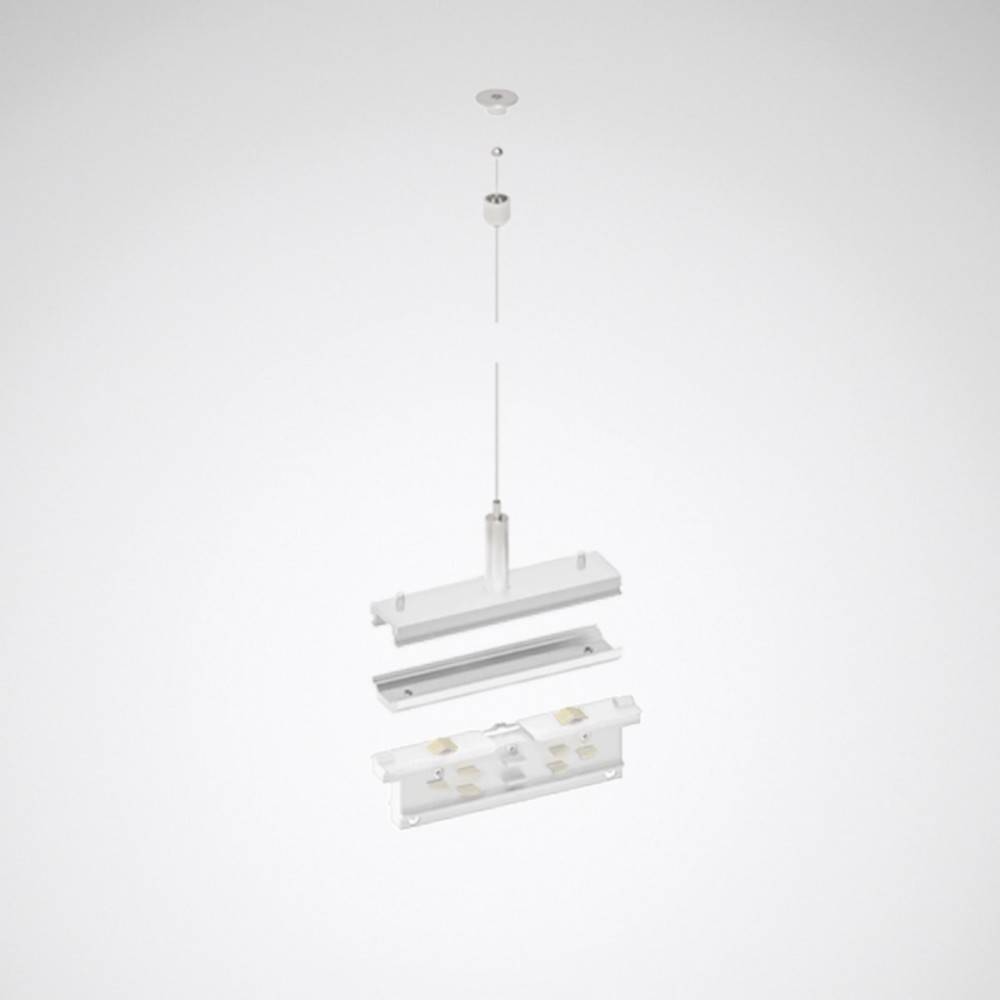 Hängende LED-Leuchte mit drei Schichten: oberer Befestigungspunkt, mittlerer Abschnitt mit Verkabelung und untere Abdeckung mit LED-Komponenten.