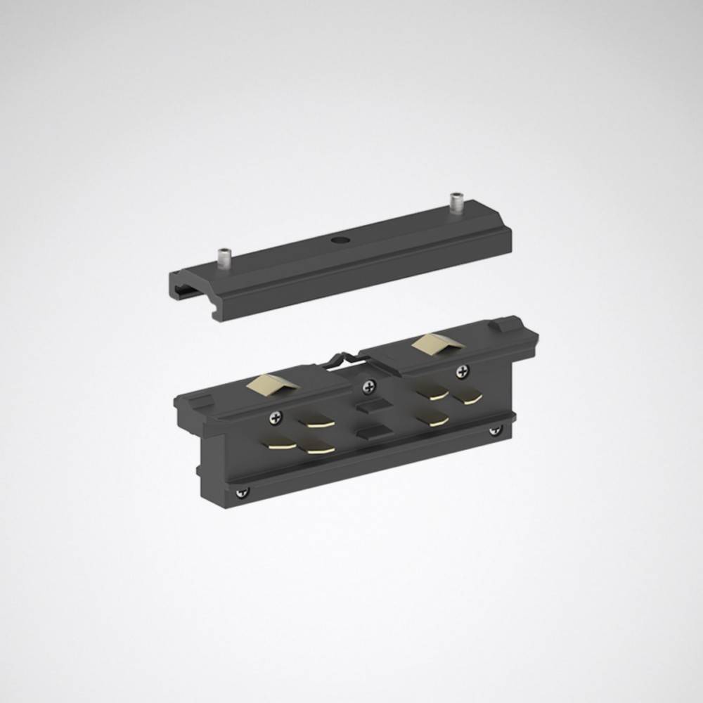 Ein zweiteiliges schwarzes mechanisches Gerät mit Metallverbindern und Goldkontakten, das auf einem schlichten Hintergrund abgebildet ist, wahrscheinlich für elektrische Zwecke oder zur Montage.
