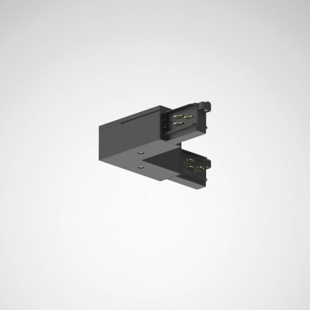 Eine schwarze elektrische Komponente mit Anschlüssen, möglicherweise ein Adapter, vor einem einfarbigen weißen Hintergrund.