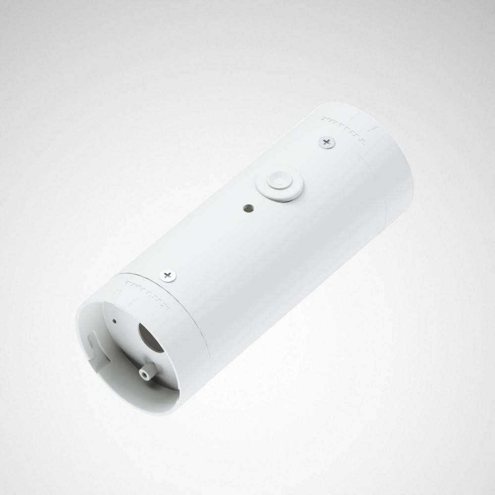 Ein zylindrischer weißer Smart-Home-Gerät mit einer zentralen Taste und Anzeigen, entwickelt zur Überwachung und Steuerung des Energieverbrauchs im Haushalt.