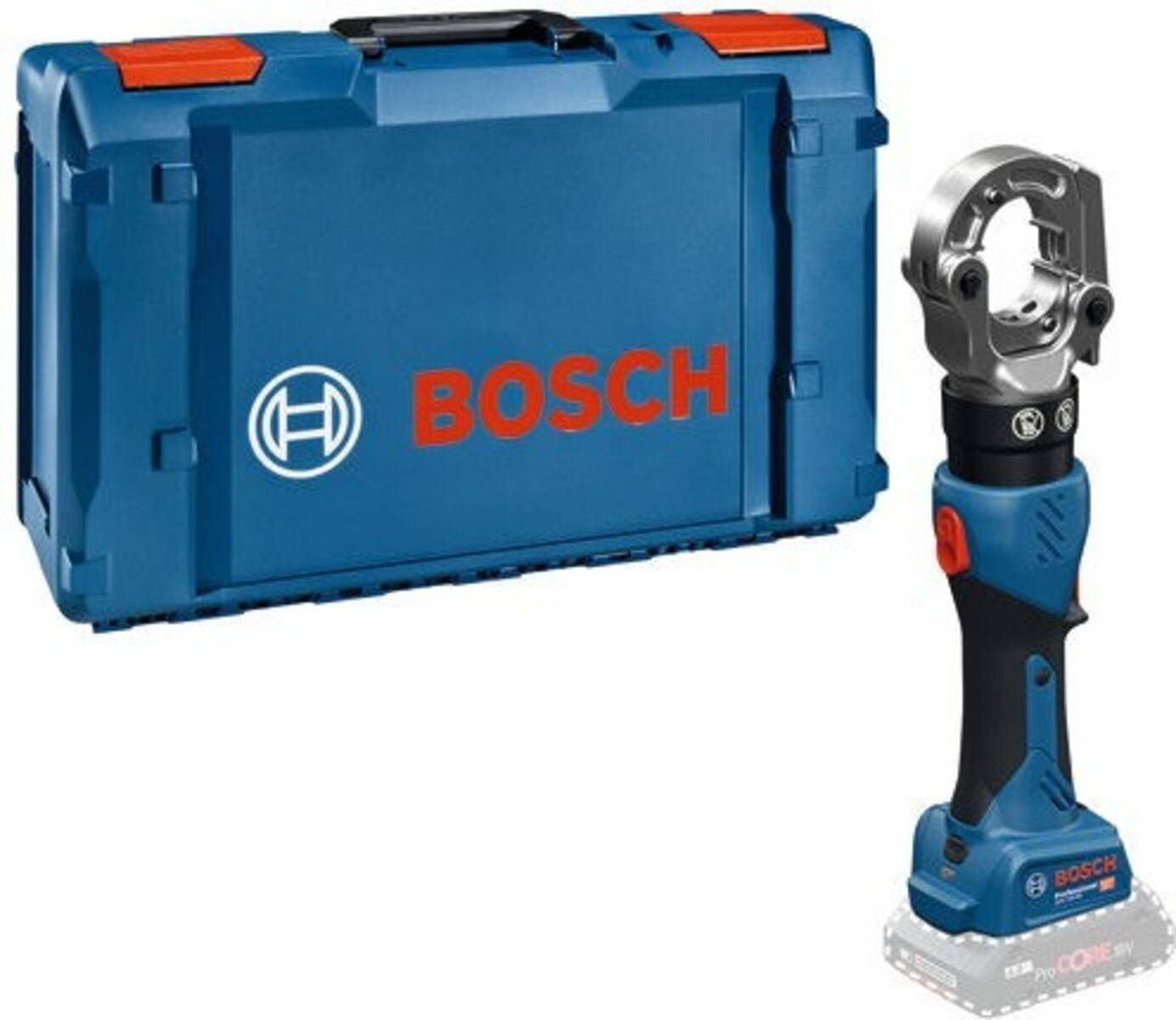 Bosch Akku-Crimpzange mit Metallkopf und Batteriegehäuse, gezeigt neben einer blauen Bosch-Transporttasche auf weißem Hintergrund.