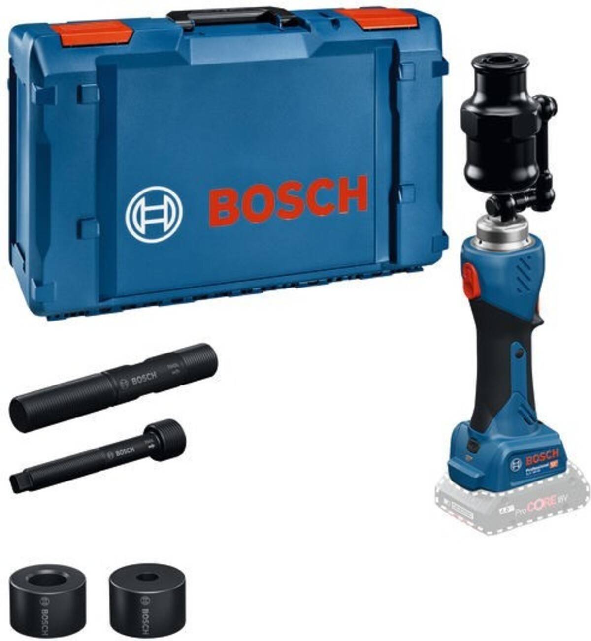 Bosch Akku-Crimpzange mit Transporttasche, Akkuwerkzeug und zwei schwarze Aufsatzteile auf weißem Hintergrund.