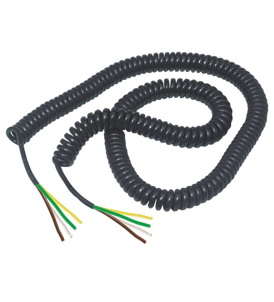 Aufgerolltes schwarzes Kabel mit zwei abisolierten Enden, die vier farbige Drähte zeigen, auf weißem Hintergrund.