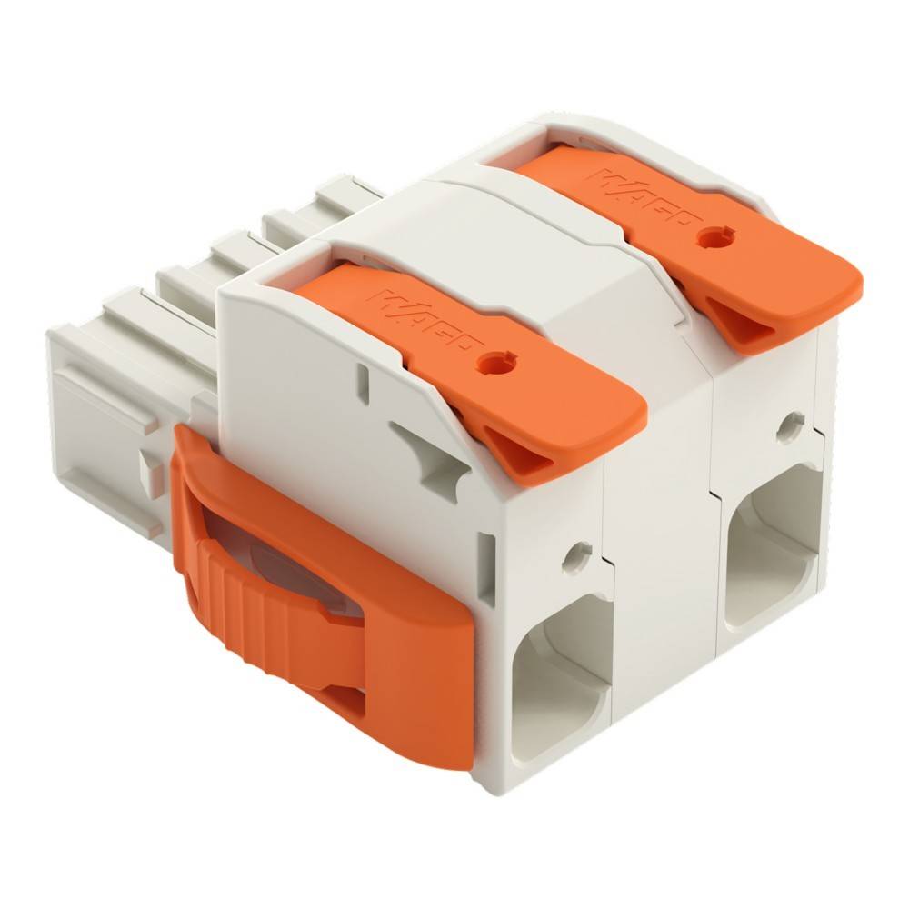 Ein Kunststoff-Elektrostecker mit orangefarbenen Hebeln zum Fixieren von Drähten, mit zwei Anschlüssen für die Drahteinführung.
