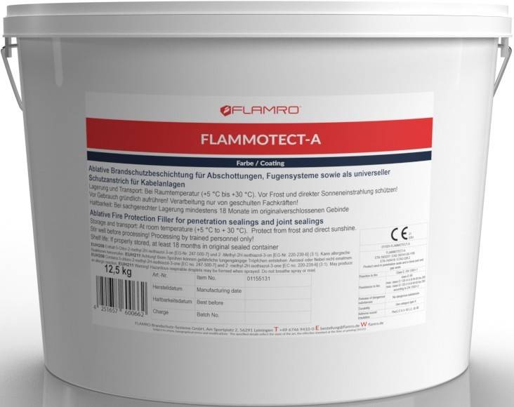 Weißer Kunststoffeimer mit der Bezeichnung „FLAMMOTECT-A