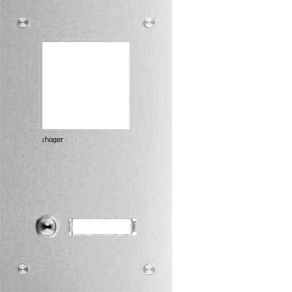 Ein Metallquadratpanel mit einer rechteckigen Ausnehmung und einem kreisförmigen Knopf. Der Markenname 'hager' ist in der nahe der oberen linken Ecke gedruckt.