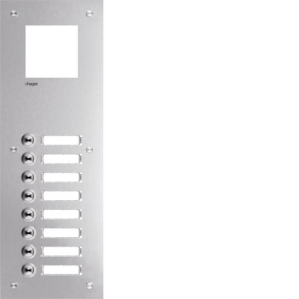 Gegensprechanlage mit acht Tasten und einem Bildschirmbereich. Die Tasten sind vertikal auf einem Metallpanel ausgerichtet und einzelnen Wohnungen zugeordnet.