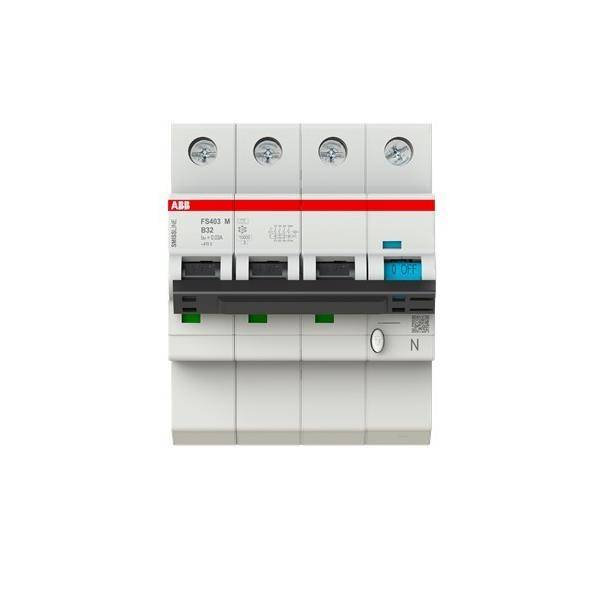 ABB vierpoliger elektrischer Leitungsschutzschalter mit Schaltern und einem kleinen blauen Display auf weißem Hintergrund.