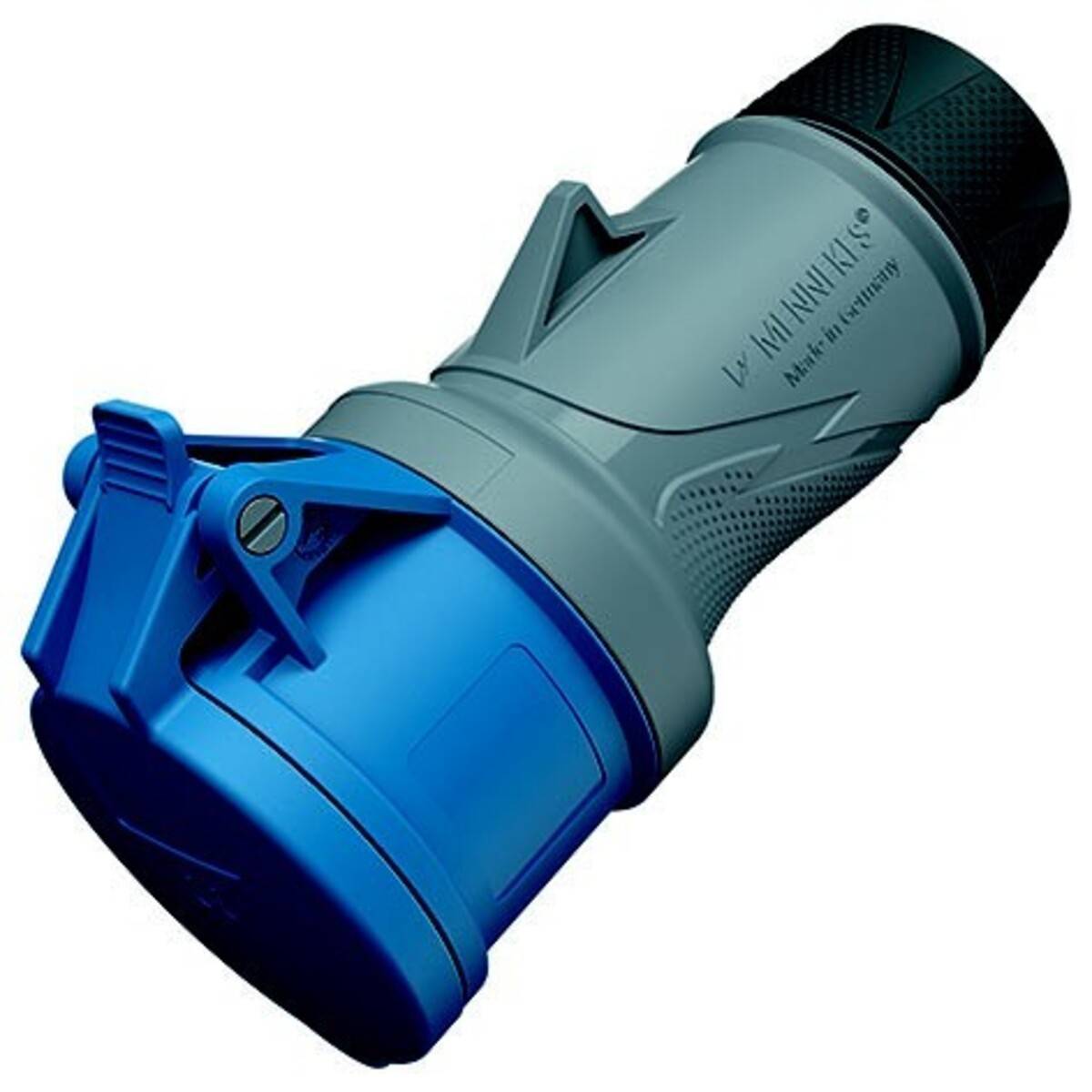 Blauer Industrie-Elektrostecker-Adapter mit grauem Gehäuse und schwarzer Kappe, gezeigt auf weißem Hintergrund.