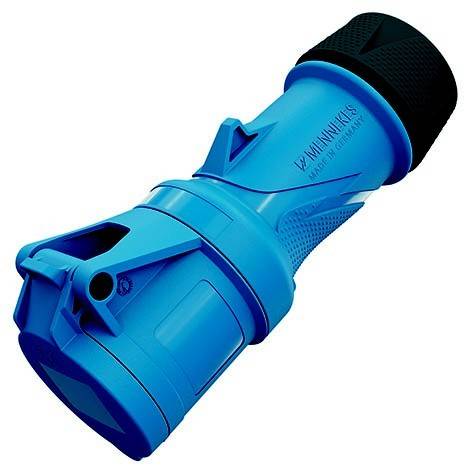 Blauer industrieller Elektrostecker mit schwarzer Kappe, auf weißem Hintergrund dargestellt.
