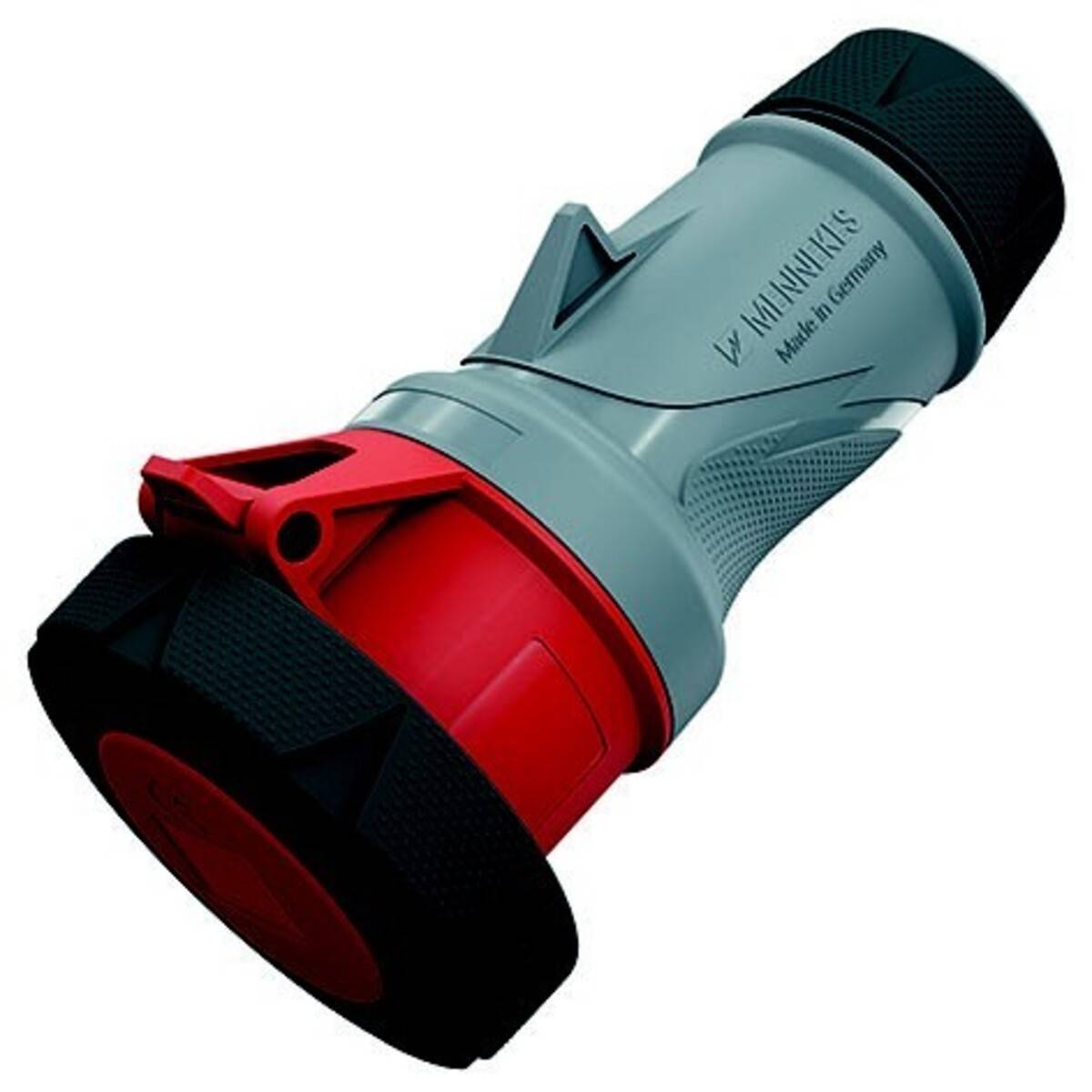 Roter Industrie-Elektrostecker mit schwarzen Kappen, dargestellt auf weißem Hintergrund.