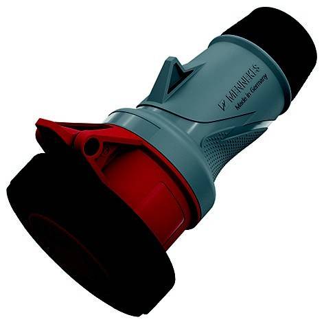 Industrieller Elektrostecker mit rotem und grauem Gehäuse, angewinkelt auf weißem Hintergrund.