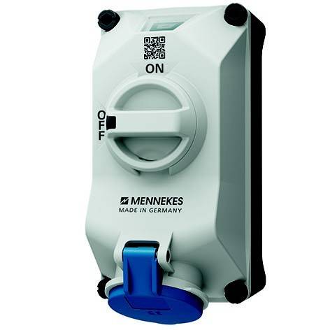 Industrielle Elektroschaltereinheit mit EIN-/AUS-Drehregler und blauem Steckerdeckel, gekennzeichnet mit „MENNEKES Made in Germany