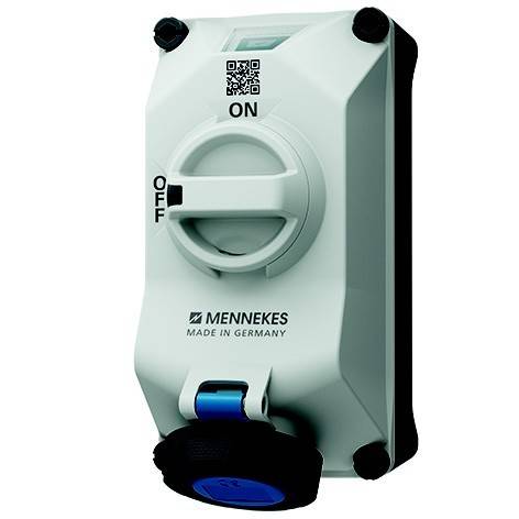 Mennekes Elektroverteilerdose mit rotierendem EIN/AUS-Drehschalter und abgedeckter Steckdosenbuchse auf weißem Hintergrund.
