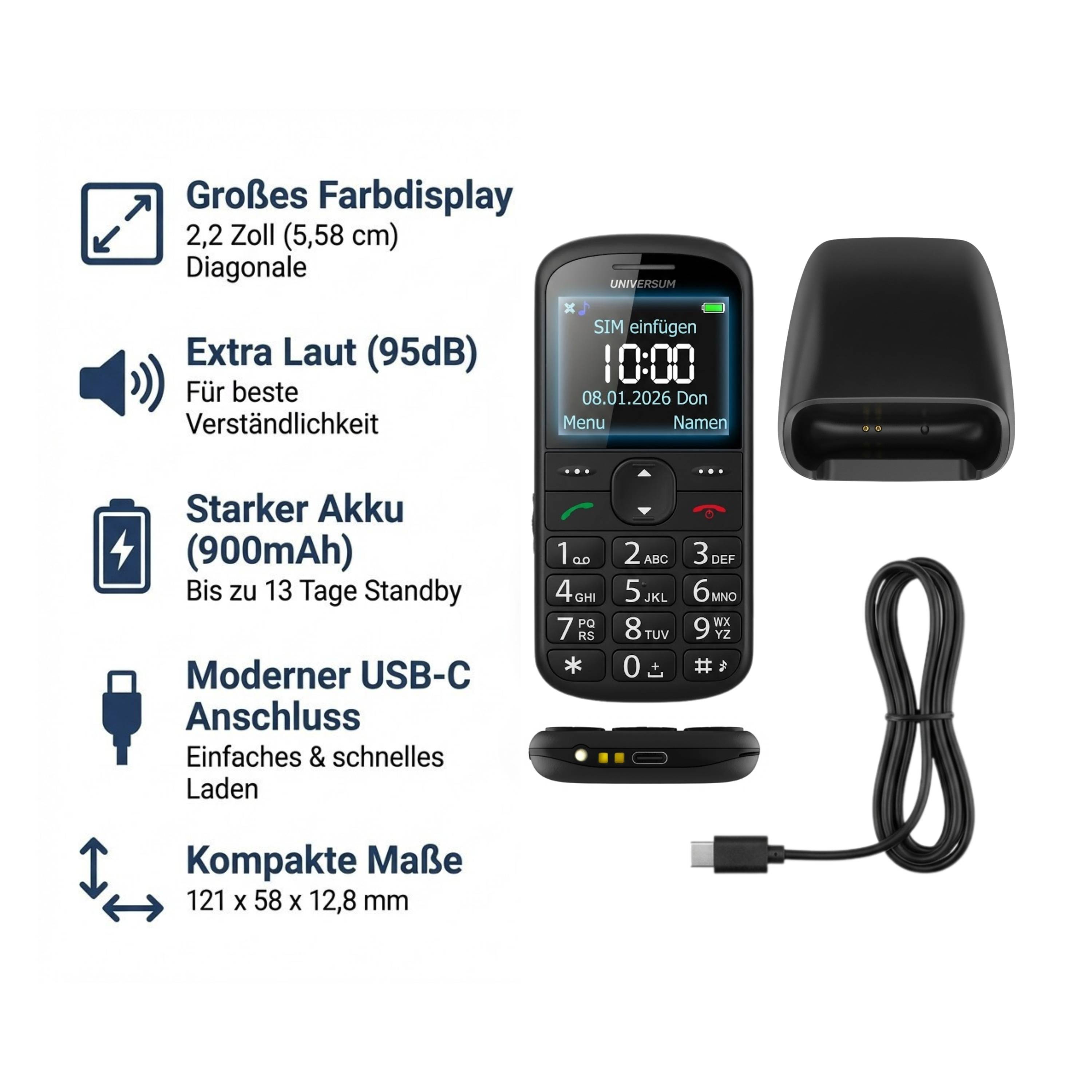 UNIVERSUM W60-C - Seniorenhandy ohne Vertrag mit großen Tasten - Ladestation, Notruftaste, großes Display, 900mAh Akku