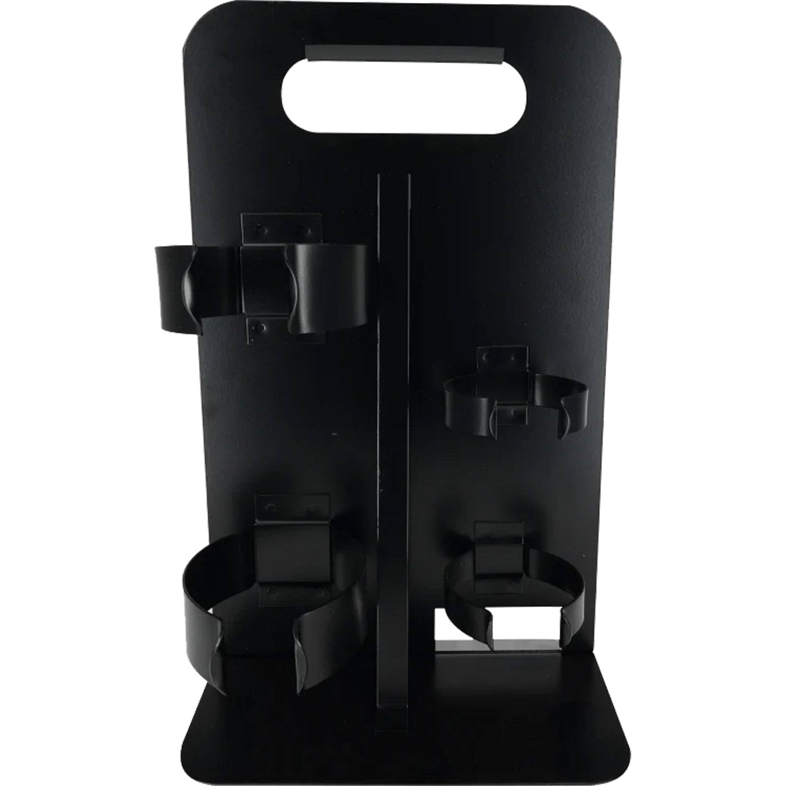 Ein schwarzer Küchenorganizer mit mehreren Ringen zum Aufbewahren von zylindrischen Gegenständen wie Flaschen oder Dosen, versehen mit einem Griff an der Oberkante für einfache Transportierbarkeit.