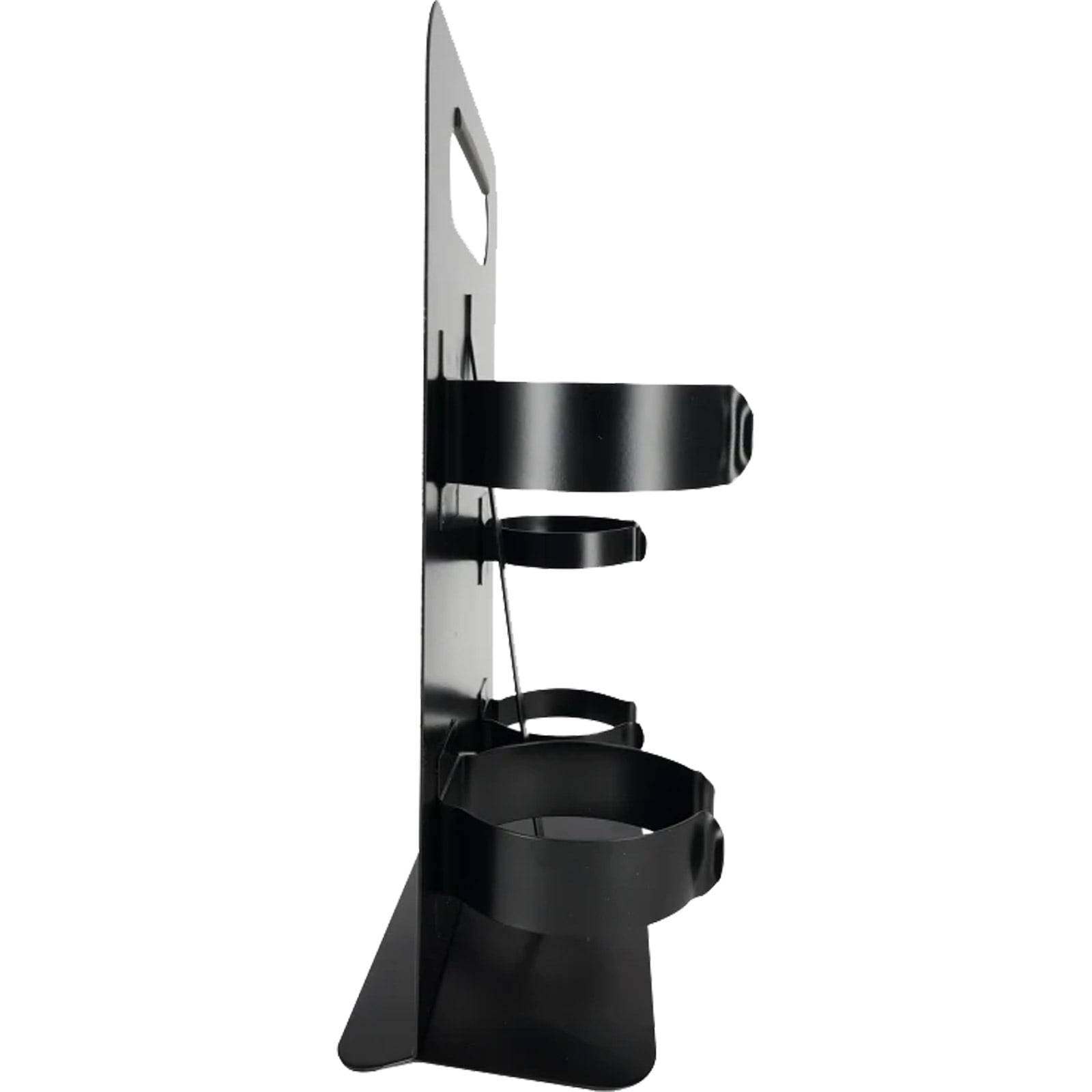 Ein schwarzer, dreistufiger Halter mit kreisrunden Ringen, konzipiert zum Organisieren und Aufbewahren von zylindrischen Gegenständen, von der Seite betrachtet.