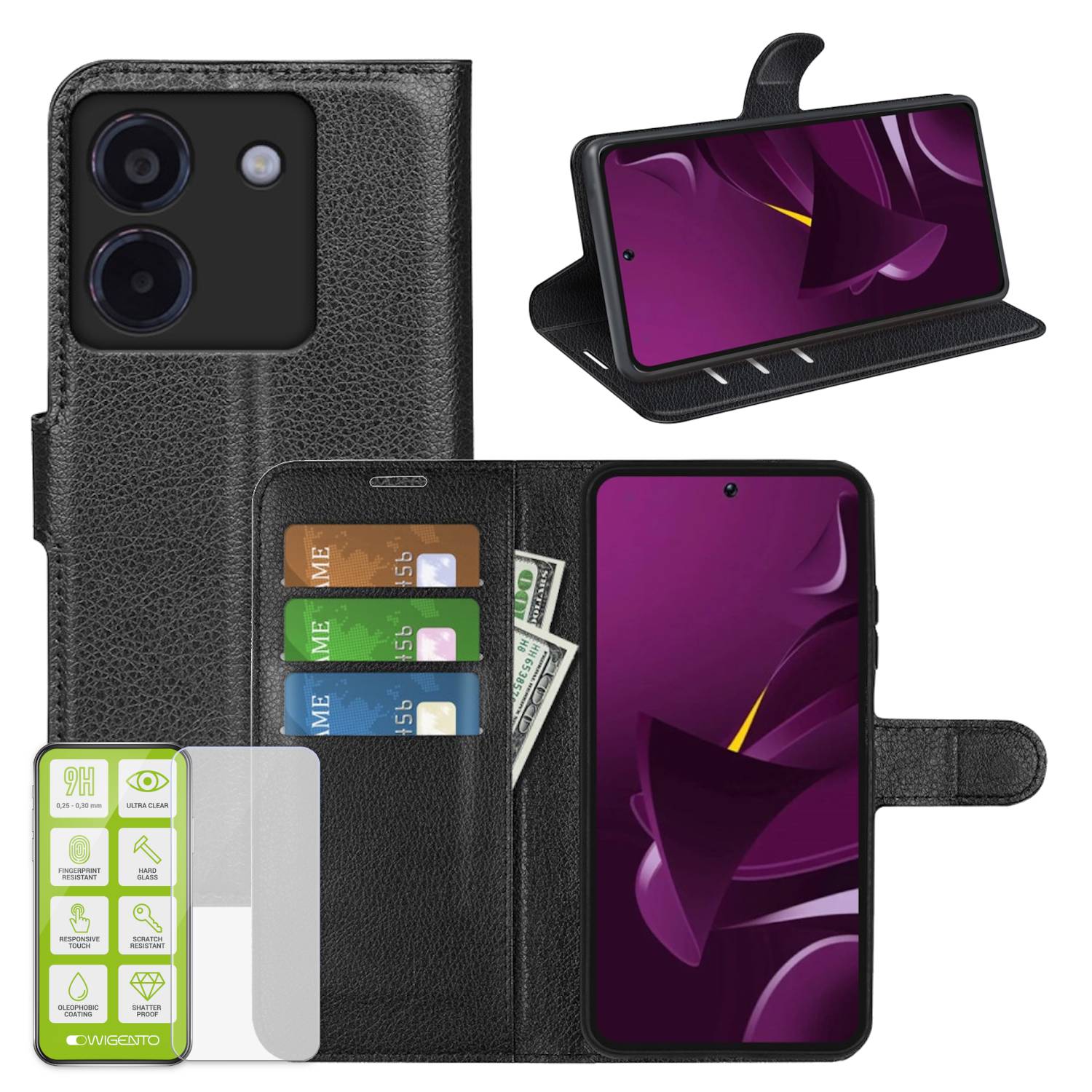 Für Xiaomi Poco X7 Pro 5G / Redmi Turbo 4 Kunstleder Book Wallet Handy Tasche Schwarz + 9H Hart Glas