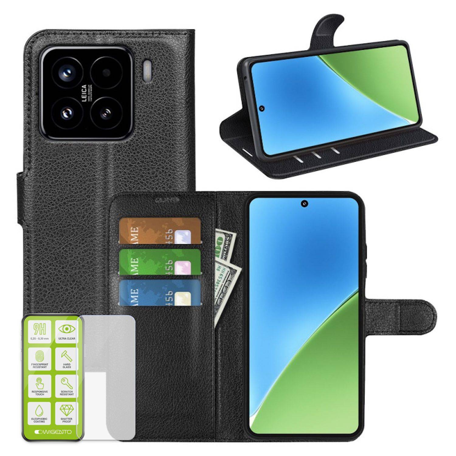 Für Xiaomi 15 Kunstleder Book Wallet Handy Tasche Schwarz + 9H Hart Glas