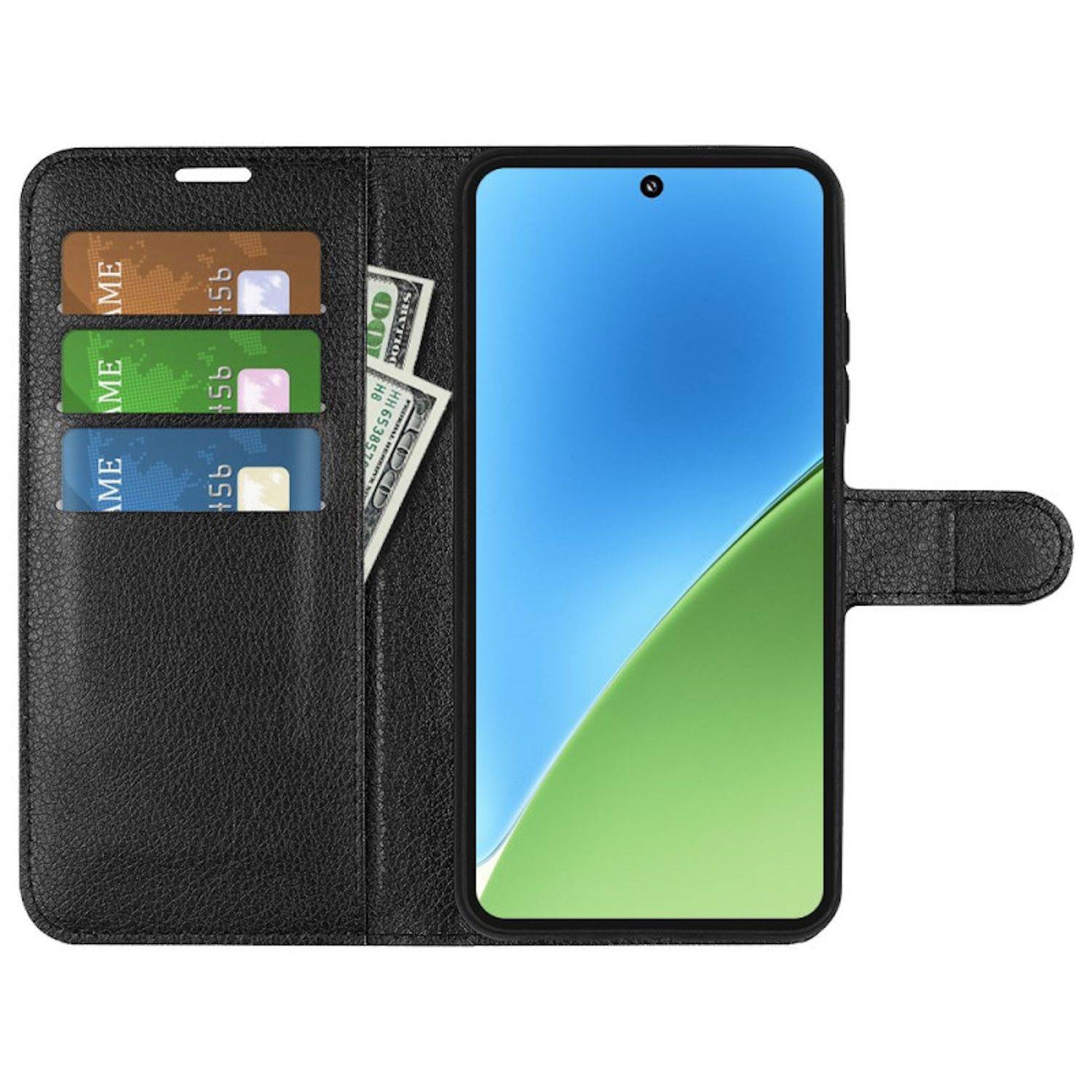 Für Xiaomi 15 Kunstleder Book Wallet Handy Tasche Schwarz + 9H Hart Glas