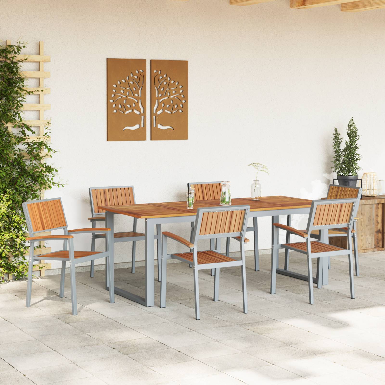 vidaXL 7-tlg. Garten-Essgruppe Grau Stahl und Massivholz Akazie