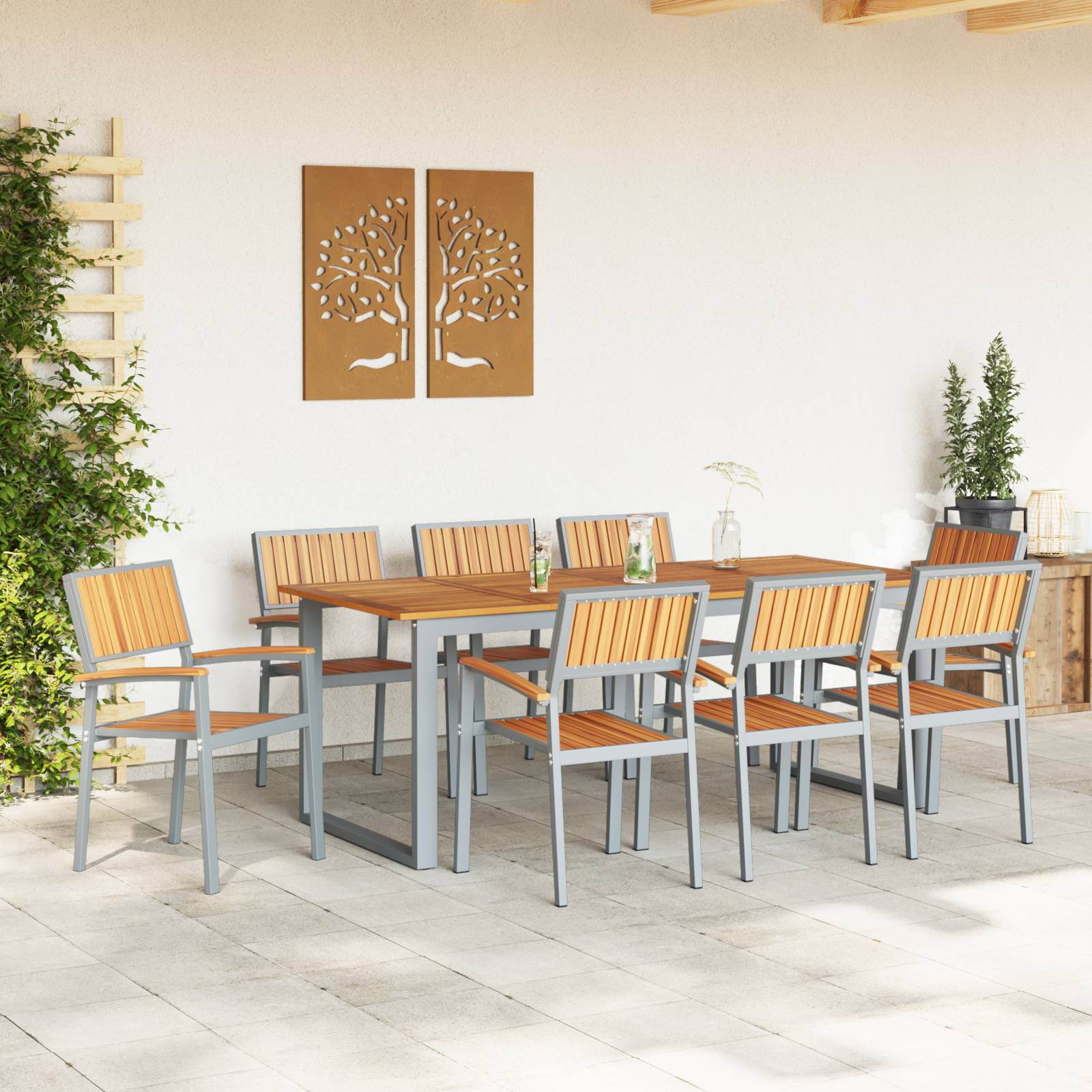 vidaXL 9-tlg. Garten-Essgruppe Grau Stahl und Massivholz Akazie
