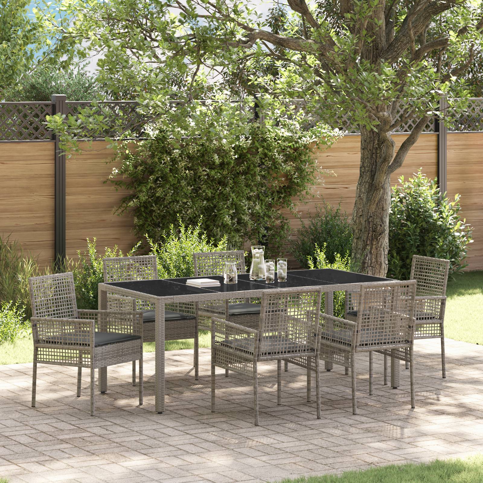 vidaXL 7-tlg. Garten-Essgruppe mit Kissen Grau Poly Rattan