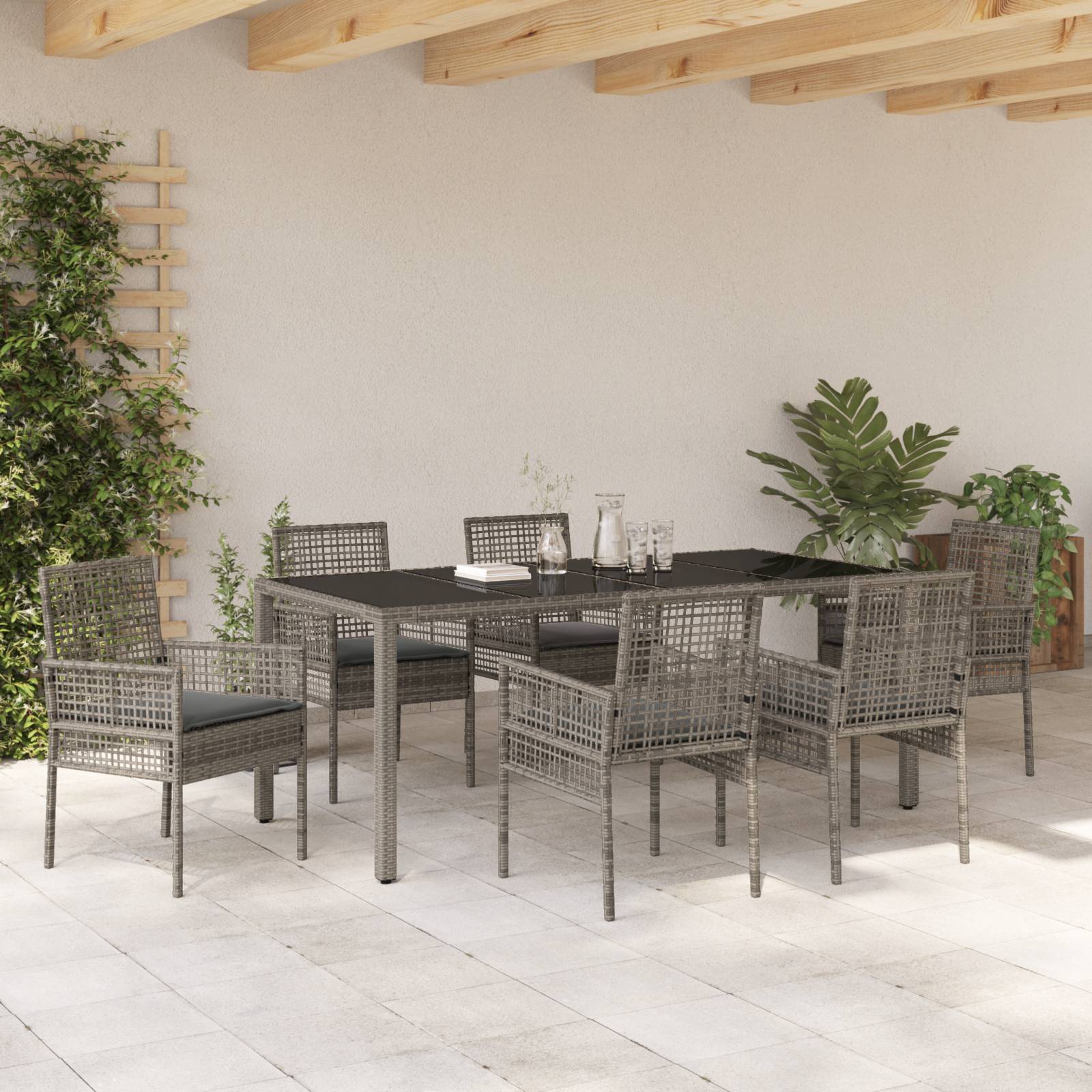 vidaXL 7-tlg. Garten-Essgruppe mit Kissen Grau Poly Rattan