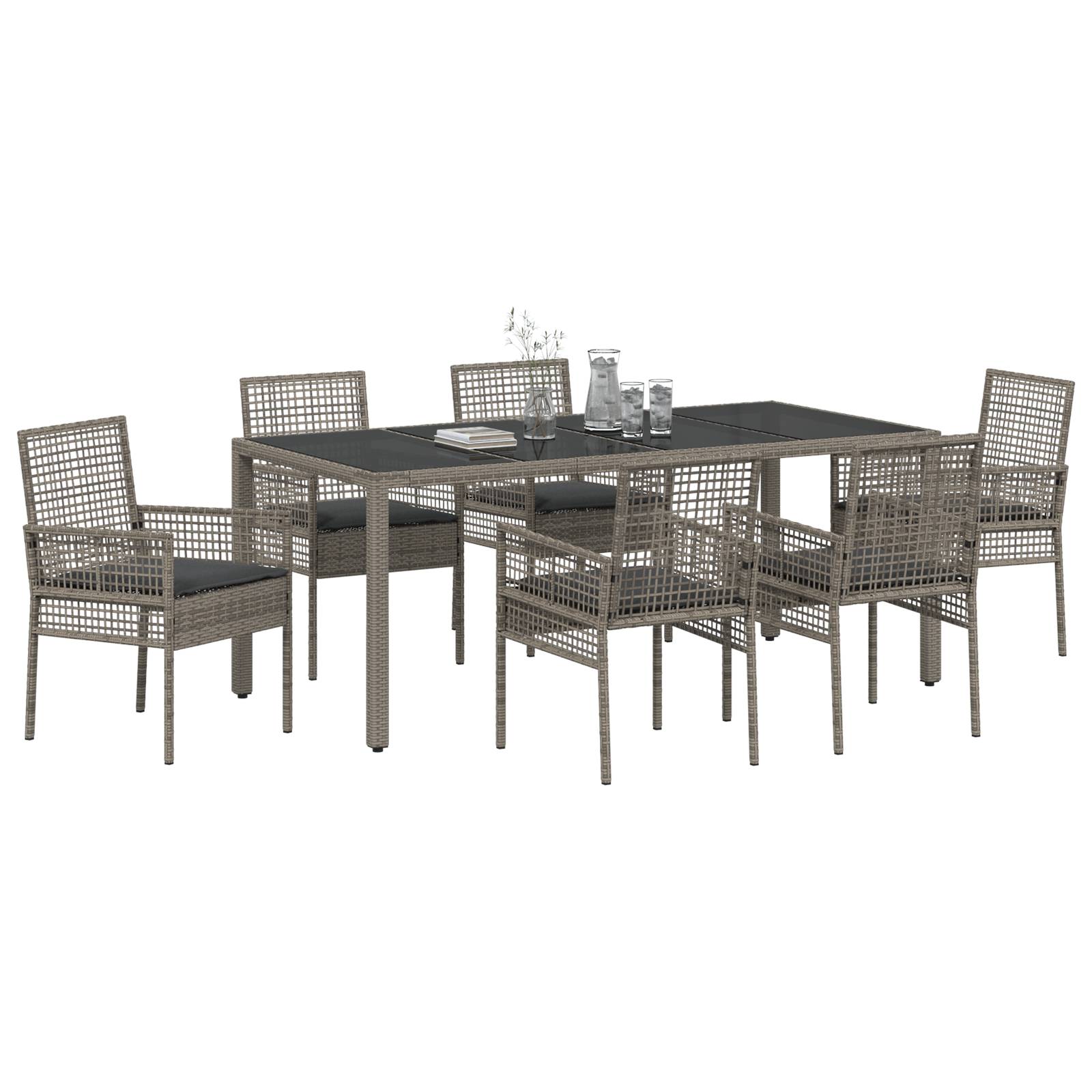 vidaXL 7-tlg. Garten-Essgruppe mit Kissen Grau Poly Rattan