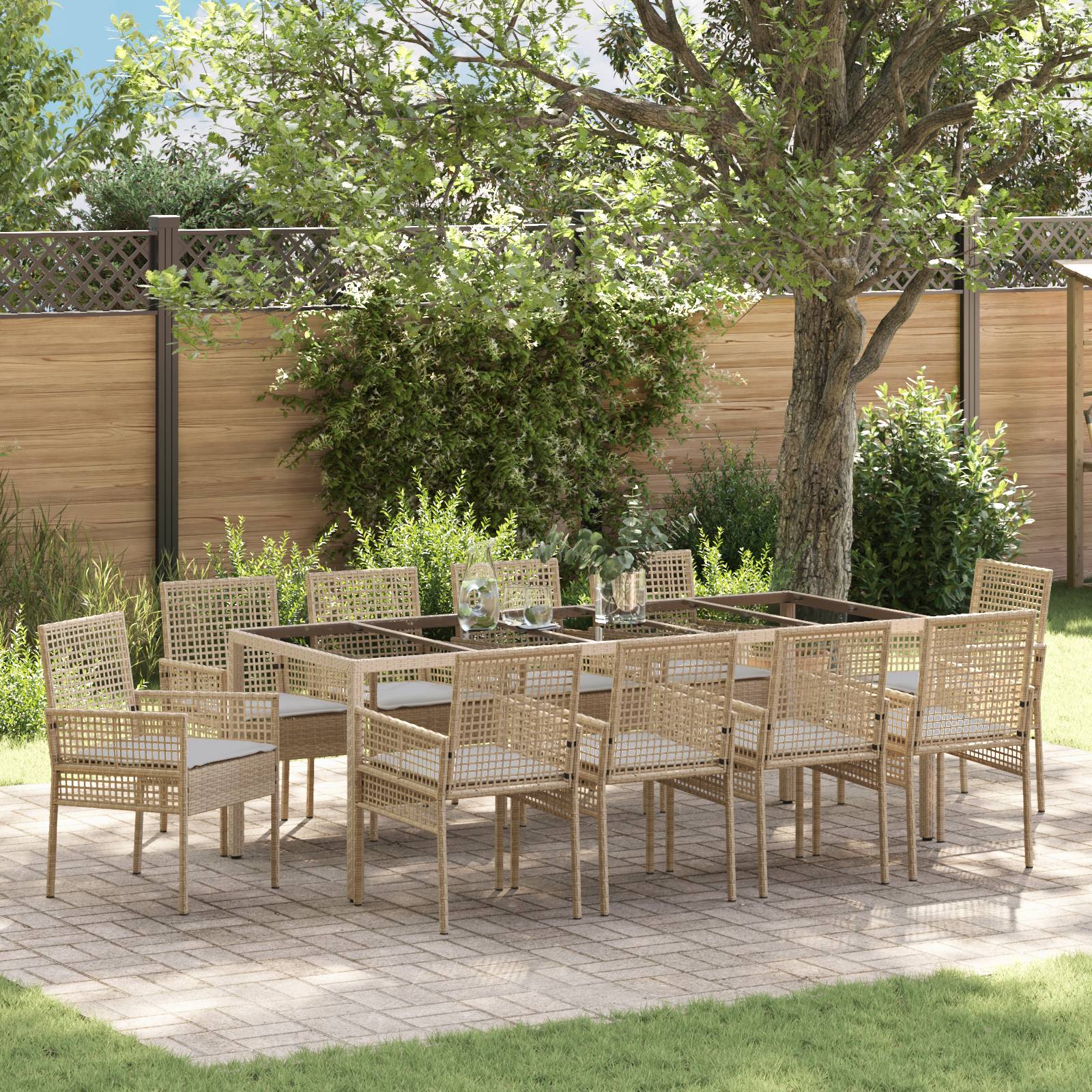 vidaXL 11-tlg. Garten-Essgruppe mit Kissen Beige Poly Rattan