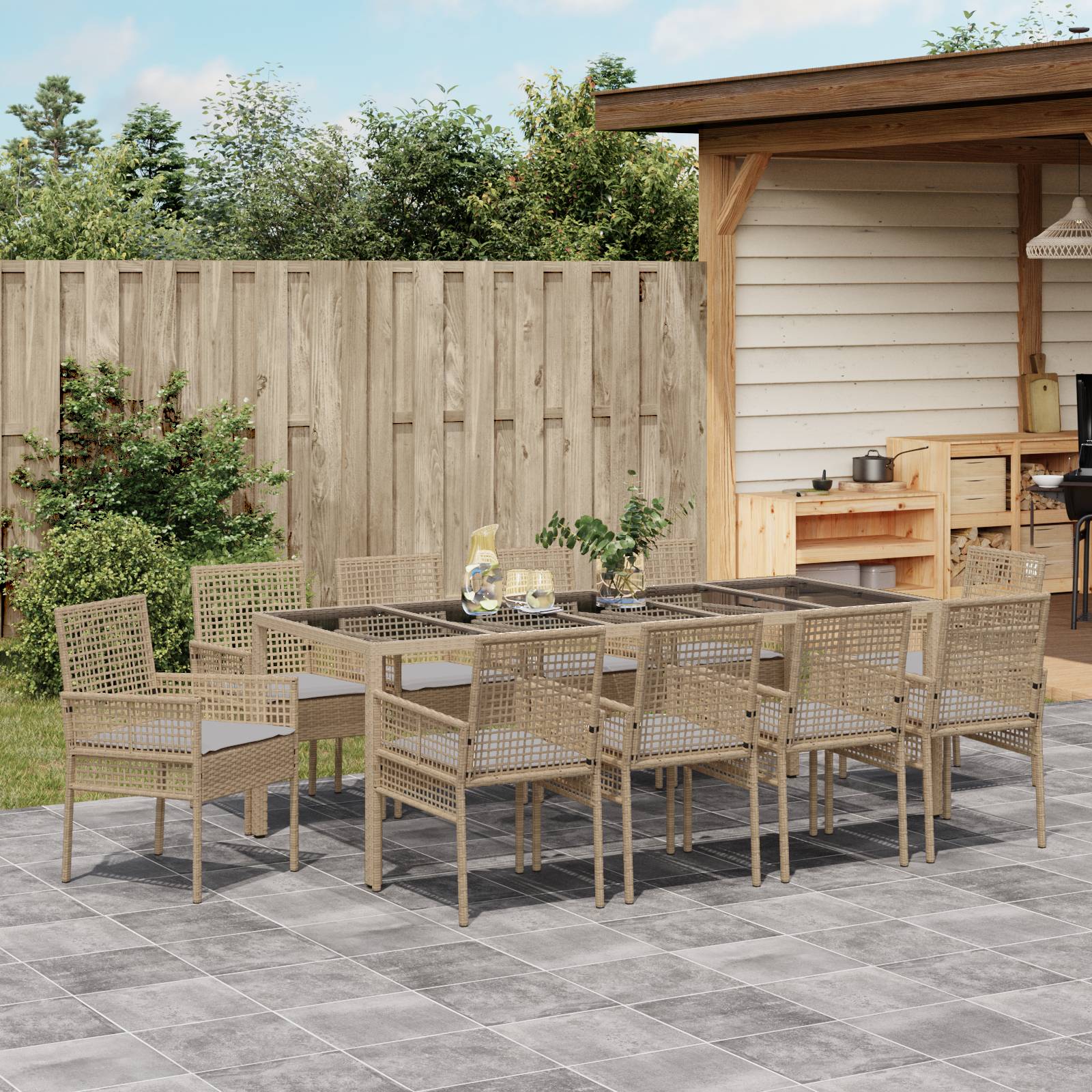 vidaXL 11-tlg. Garten-Essgruppe mit Kissen Beige Poly Rattan