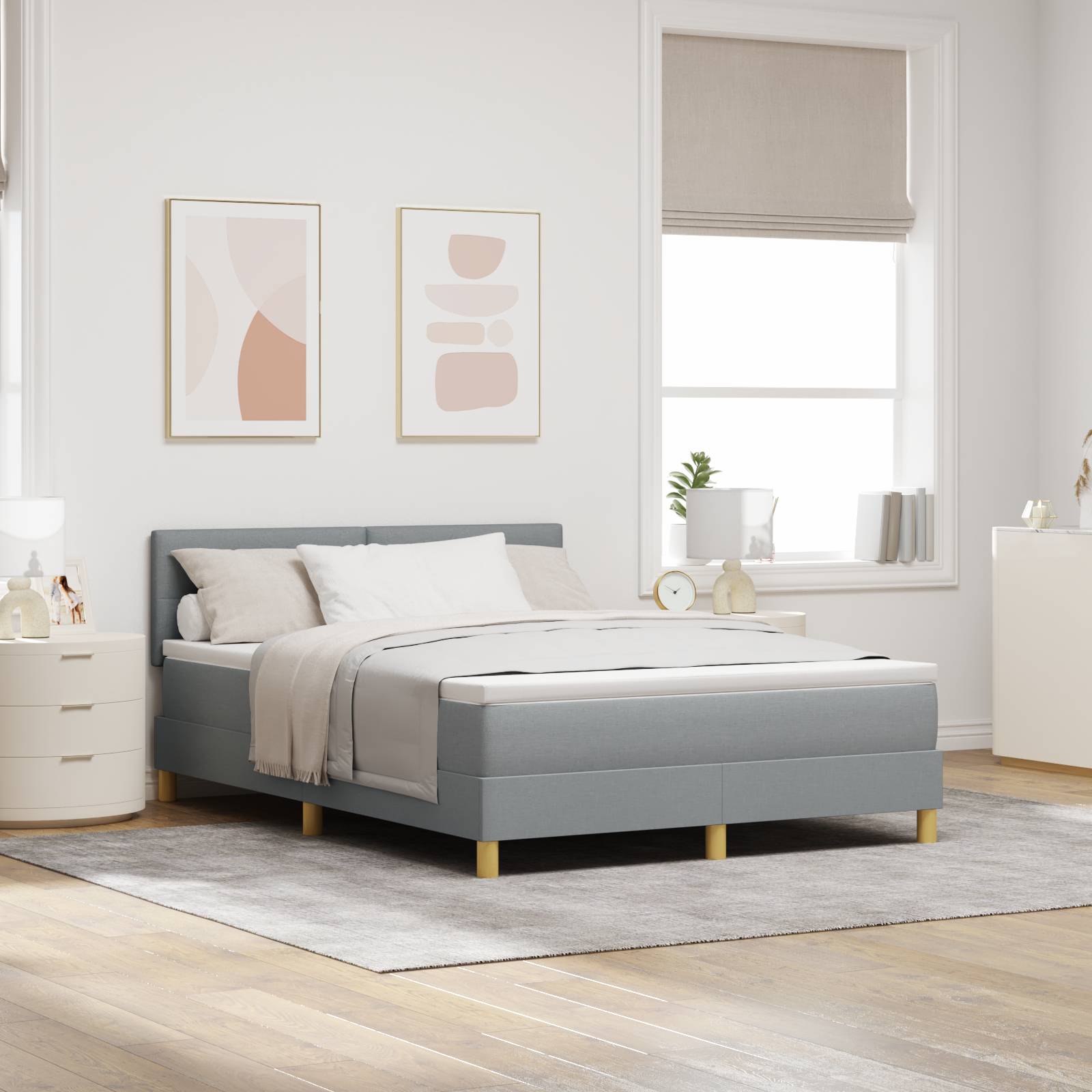 vidaXL LED Boxspringbett mit Matratze Hellgrau 160x200 cm Stoff