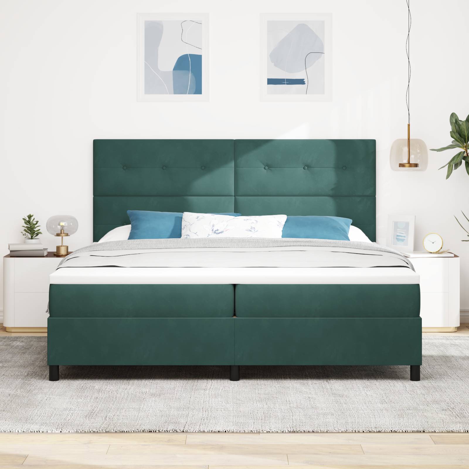 vidaXL LED Boxspringbett mit Matratze Dunkelgrün 200x200 cm Samt