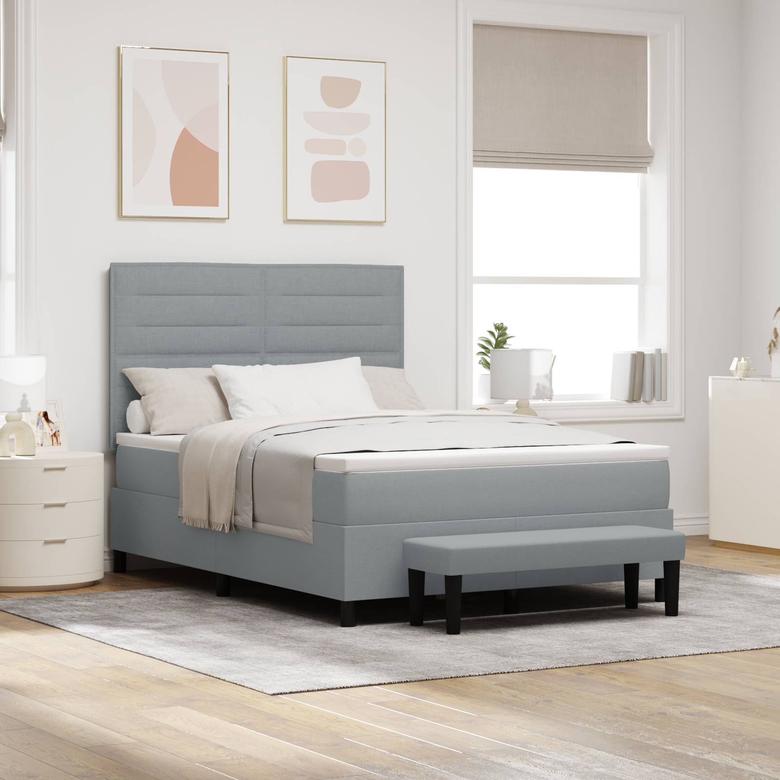 vidaXL Boxspringbett mit Matratze & Bank Hellgrau 140x190 cm Stoff