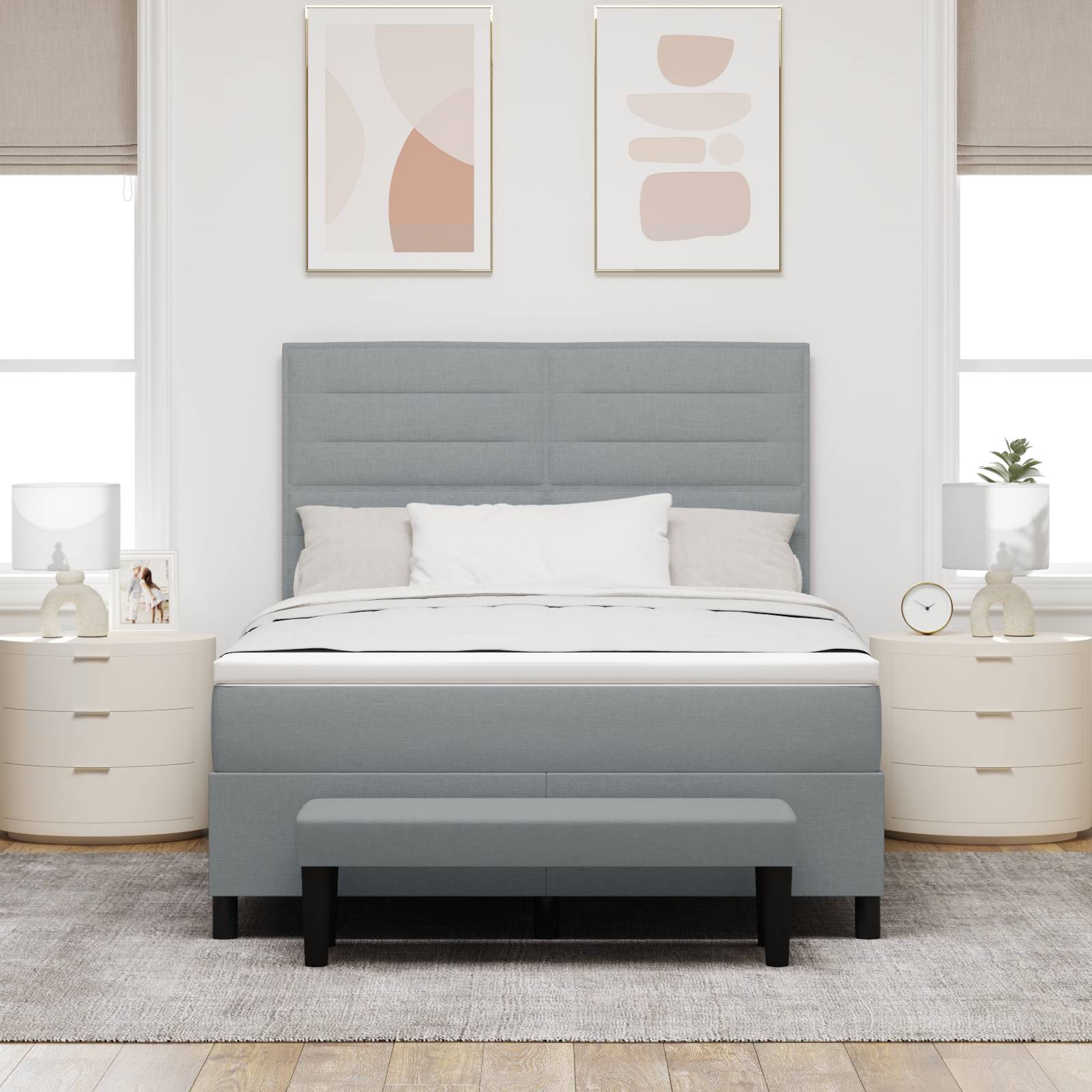 vidaXL Boxspringbett mit Matratze & Bank Hellgrau 140x190 cm Stoff