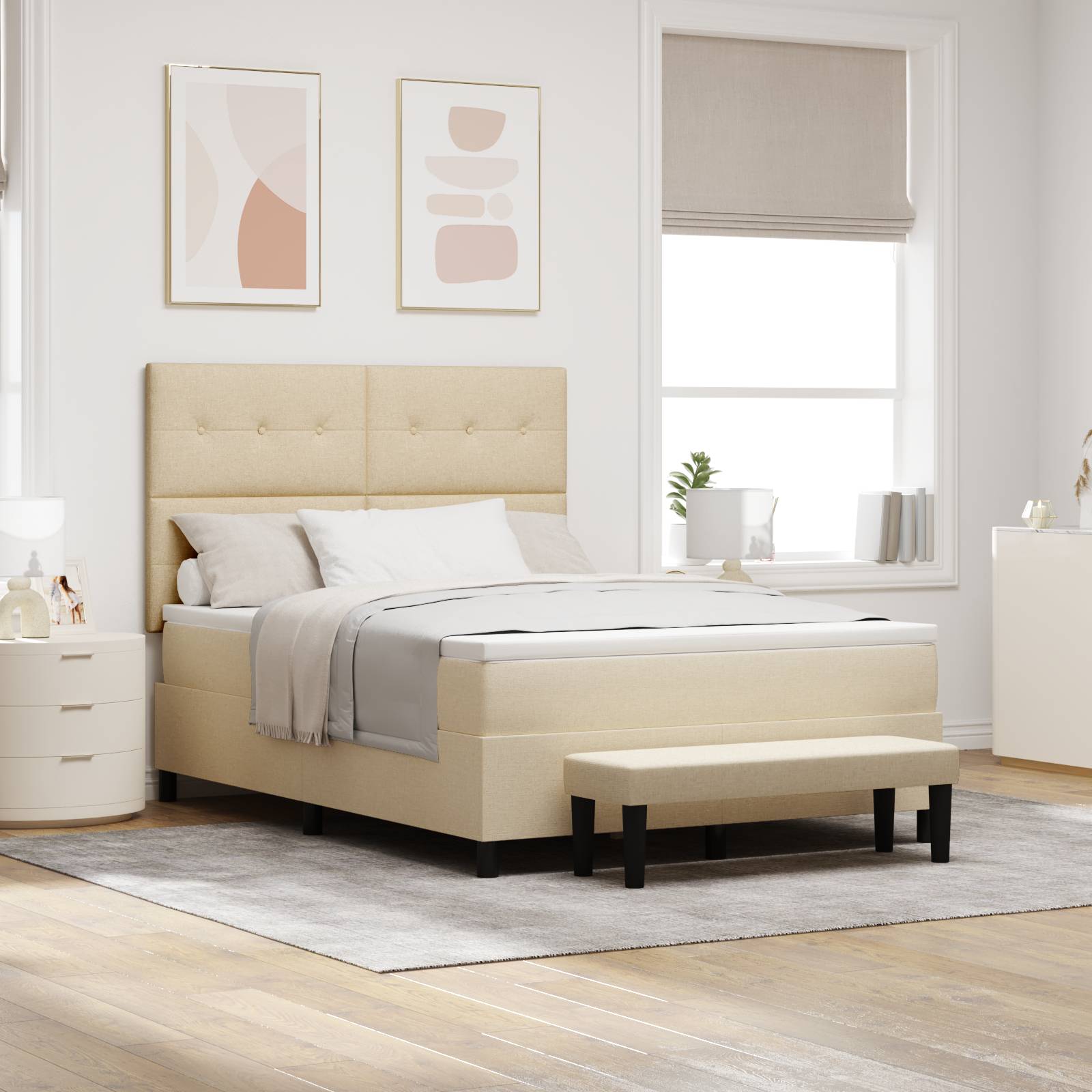 vidaXL Boxspringbett mit Matratze & Bank Creme 140x190 cm Stoff